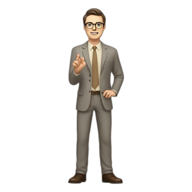 Full height Actively gesturing with hands Pale skinned fit man with dark brown hair in gray jacket, beige office shirt, brown tie, brown pants and vintage glasses. sticker