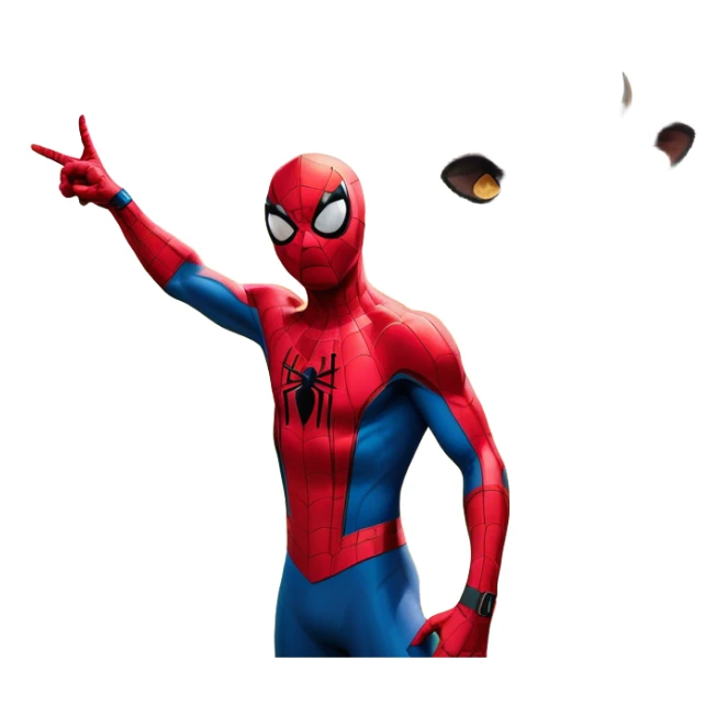 "A highly detailed and realistic Spider-Man standing in a rural farm setting with cows in the background. He has an exaggerated, cartoonishly wide grin, showing big white teeth, and is making a playful gesture by pointing to his head. The scene is bright and colorful, with a mix of realism and surreal humor, giving the image a funny and slightly eerie vibe sticker