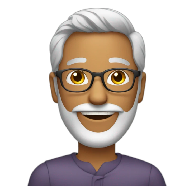 A smiling Indian man with grey hair, beard, glasses, and a gold tooth sticker