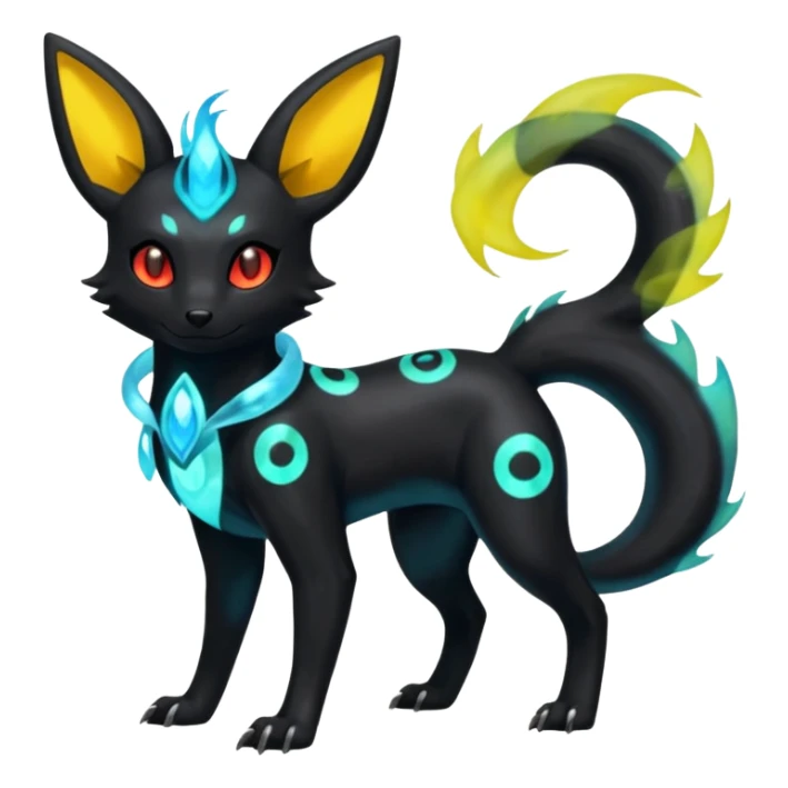 Shiny Fiery Ethereal Eldritch Cool Edgy Badass Punky Aural Iridescent Fluorescent Bioluminescent Umbreon-Amaura-Salandit-Litten-Flareon-Fakémon-fusion (full body)  sticker