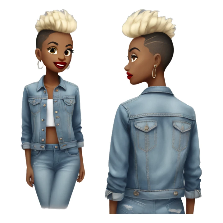 Monochrome girl Mohawk denim jacket hoop earrings red lipstick  sticker