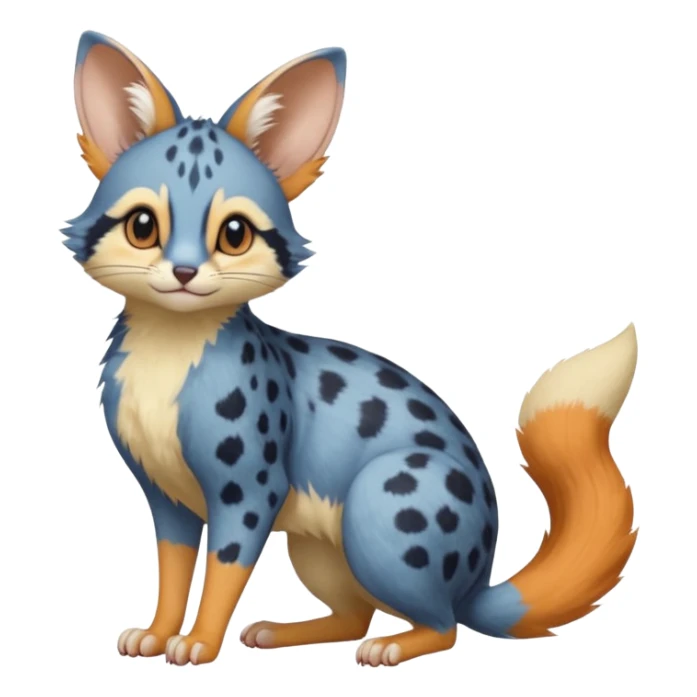 Blue, orange-pointed, soft realistic romantic vintage antique divine beautiful elegant pretty precious cute young youthful  Fakémon-Pokémon-opossum-feline-mouse-serval-caracal-chinchilla-Minccino-Cinccino-Meowstic-rodent-hybrid-creature with a big fluffy bushy tail (full body) sticker