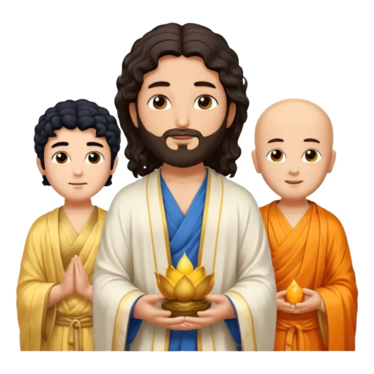 Create a Jesus, Krishna, and Buddha standing together. Jesus: long wavy dark-brown hair, short beard, wearing a simple white robe. 

 sticker