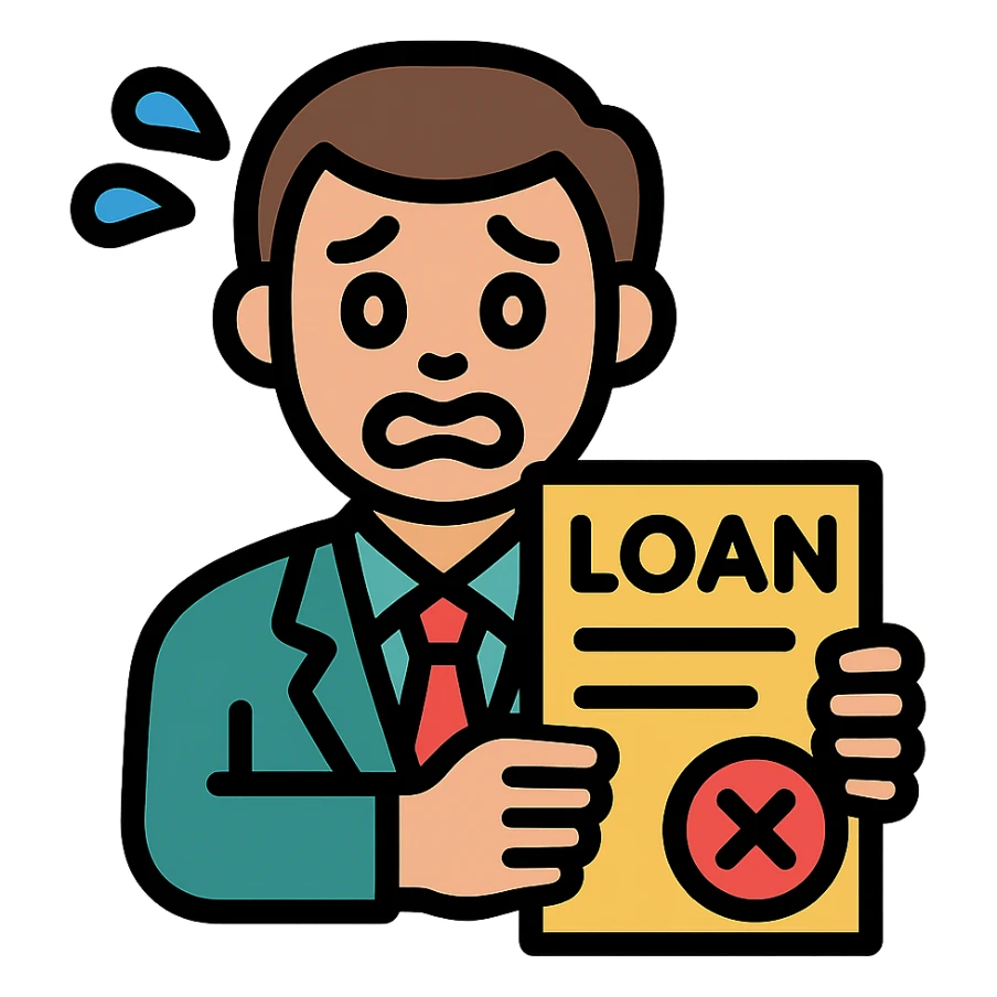 man committing loan perjury, looking nervous, holding fake documents sticker