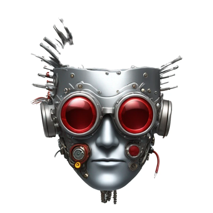 Silver mohawk cyborg head with red steampunk goggles, goatee and circuits sticker