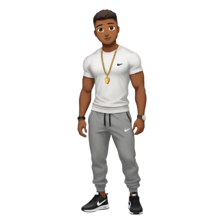 Handsome Black guy with brown skin tone, with muscular build, wearing black sweatpants, a white t-shirt, black Nike air max, a small chain, and a watch  sticker