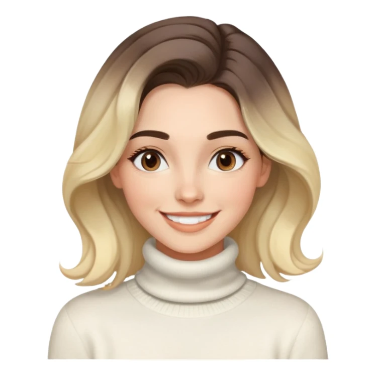 Mujer joven caucasian, cara alargada, cejas suaves, pelo marron oscuro ondulado con puntas rubias, raya al lado. Sonrisa amplia, expresión alegre. Turtle neck white sweater cozy with tea. Ombre hair.  sticker