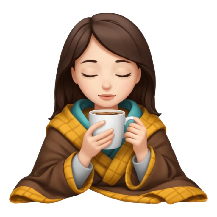 brunette girl inside a blanket sipping coffee, eyes closed sticker