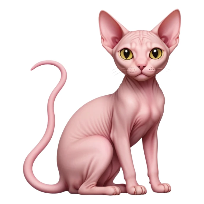 cinematic-[sphynx cat]-realistic-full-body-sitting-emoji,-tail-curled-playfully-around-its-paws,-head-tilted-dramatically,-sleek-[pink]-skin,-simplified-yet-realistic-focused-features,-highly-detailed,-glowing-with-an-almost-sarcastic-glow sticker