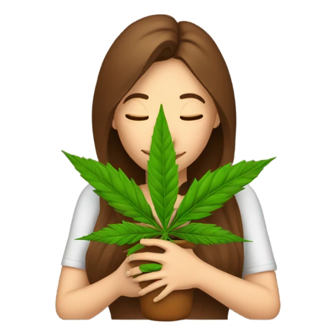 Woman with brown hair hugging marijuana plant sticker