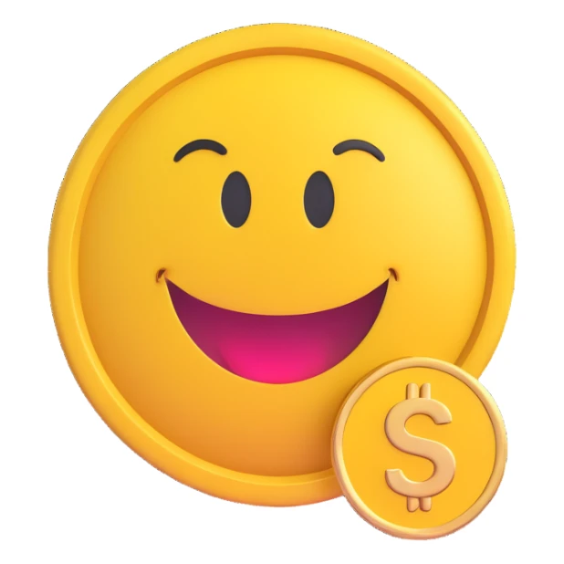 3D smiley emoji, round shape, gold coin, lucky face sticker