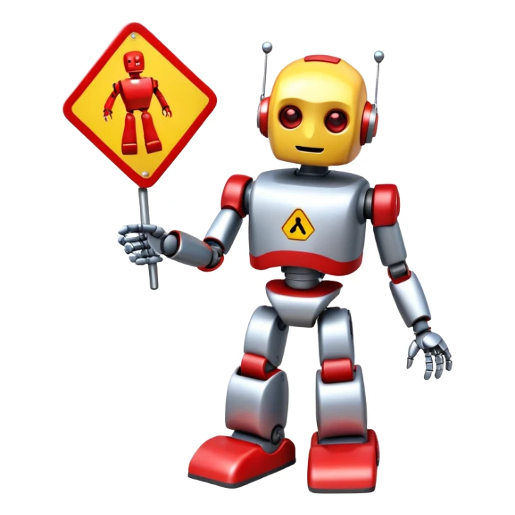 friendly robot with a helping hand and a warning sign representing an AI agent for reporting child abuse sticker