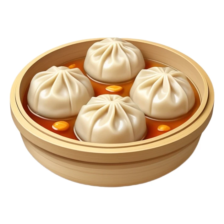Xiaolongbao soup dumplings with visible soup inside, Chinese dim sum, emoji style sticker