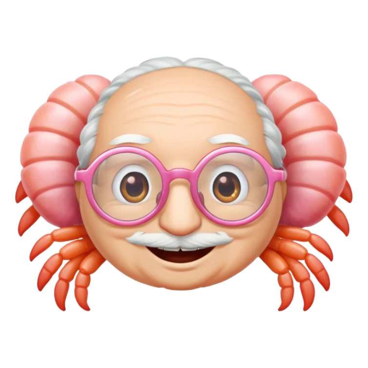 a little shrimp that is old with white hair and glasses, elderly shrimp character with white eyebrows and hair, wearing round glasses sticker