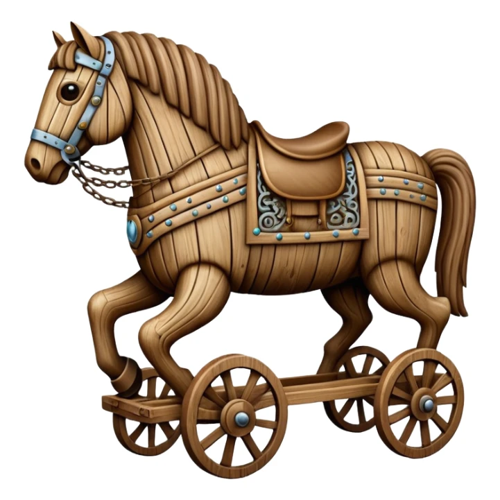 a huge trojan horse made from wood and on wheels sticker
