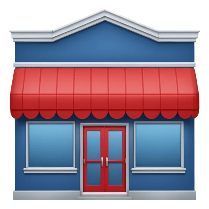 Apple emoji style miniature Lowe’s-like storefront, blue walls, light gray trim, subtle red accents on small elements, large front windows, simple sliding glass doors, small peaked roof, soft rounded edges, minimal details, no text or logos, clean and centered on plain background sticker