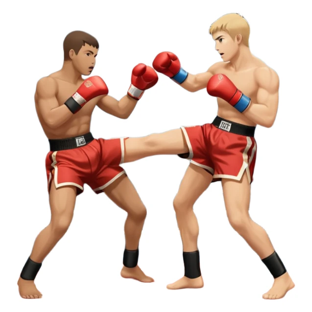 An icon symbolizing kickboxing, featuring two fighters in the midst of an intense match. One throws a powerful roundhouse kick, while the other counters with a punch. The background shows a ring, with ropes and a cheering crowd. Transparent background highlights the action and strength sticker