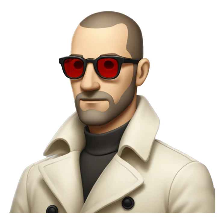 <excerpt>
A 1930s white man with real buzz cut Black hair, beard stubble donning small red tinted sun glasses in a dirty white trench coat, is serious.
</excerpt> sticker