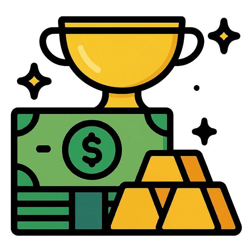 prize pool, stack of cash and gold bars, shiny, modern icon sticker