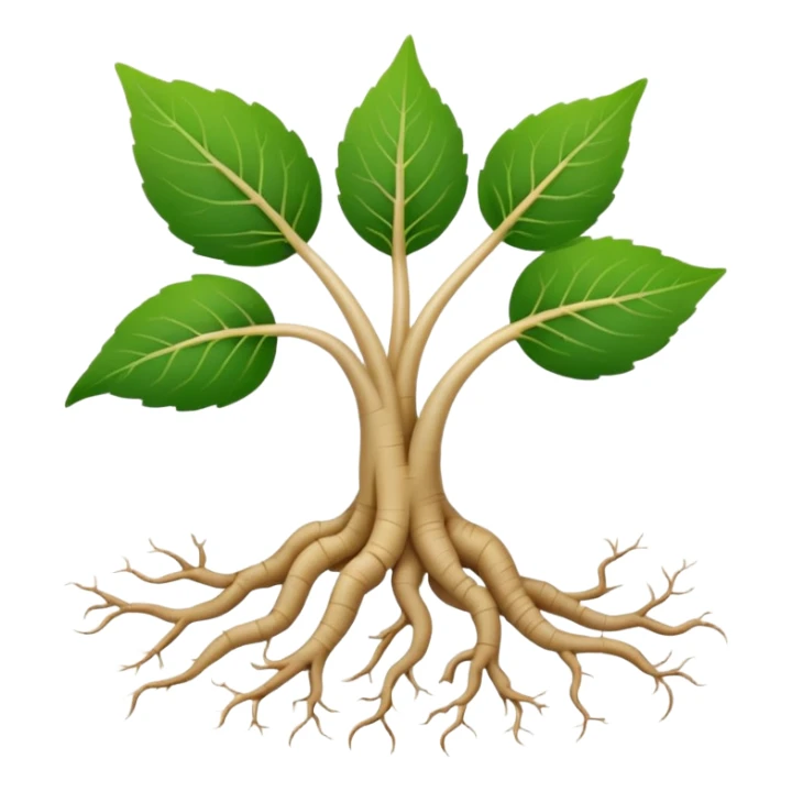Realistic ginseng root with light beige skin and fine branching roots, two small green leaves on top, clean and minimal. sticker