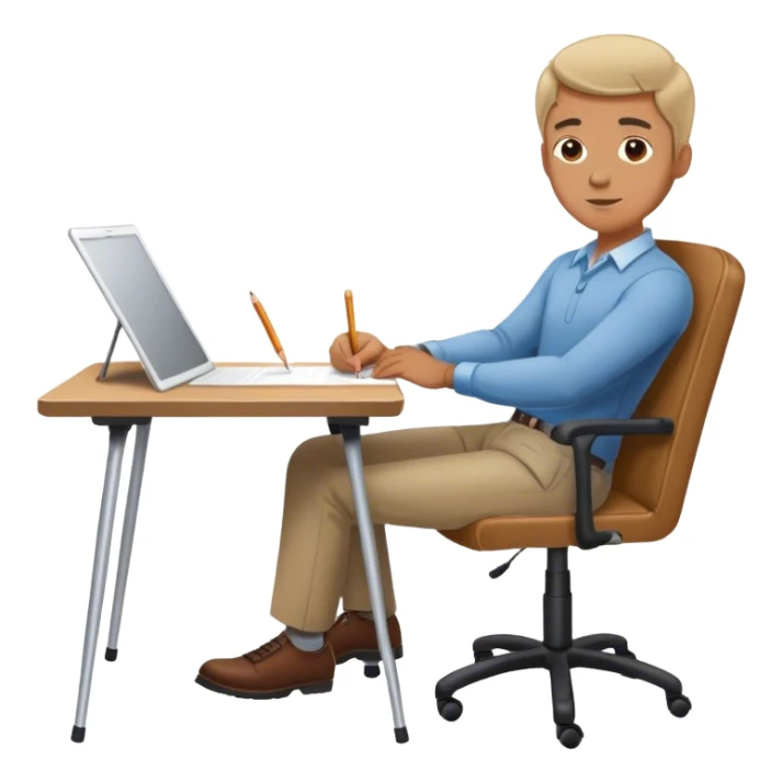 A man is lying on the table and drawing, leaning forward, but the chair is only halfway seated sticker