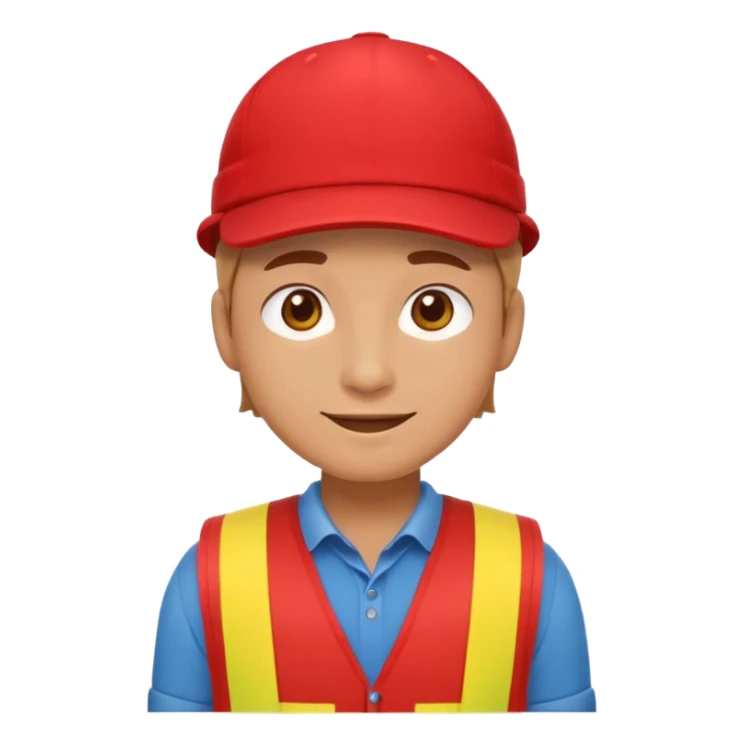 friendly emoji-style character representing a store associate wearing a red vest and a simple red cap, soft smile, neutral stance, flat vector style, front-facing, clean and minimal, no text or logos sticker
