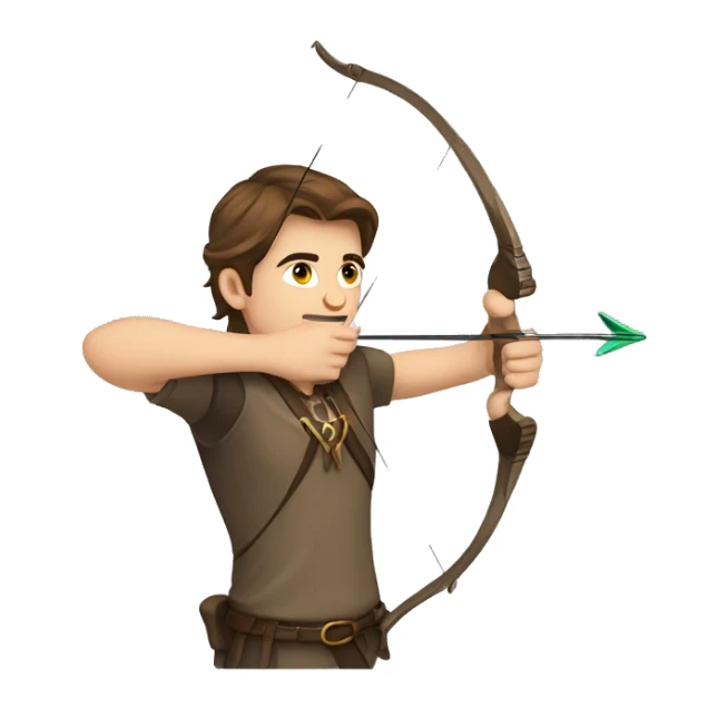 a male archer aiming with a bow, brown hair, bright skin, sticker