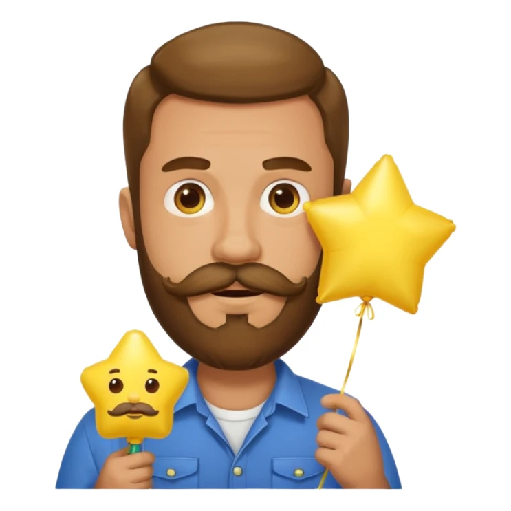 man with bead and mustache holding star yellow balloon sticker
