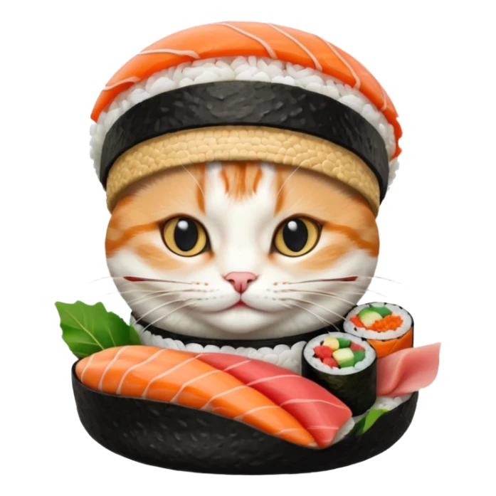cat wearing a sushi roll as a hat, realistic sushi textures sticker