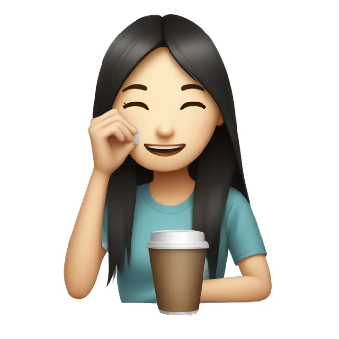 tired but smiley face asian girl and drinking big coffee sticker