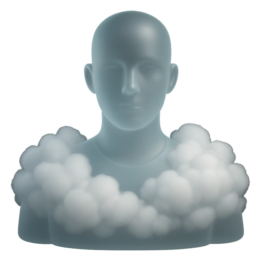 person looking straight ahead, shoulders filled with puffy white fluffy clouds, matte glass style sticker
