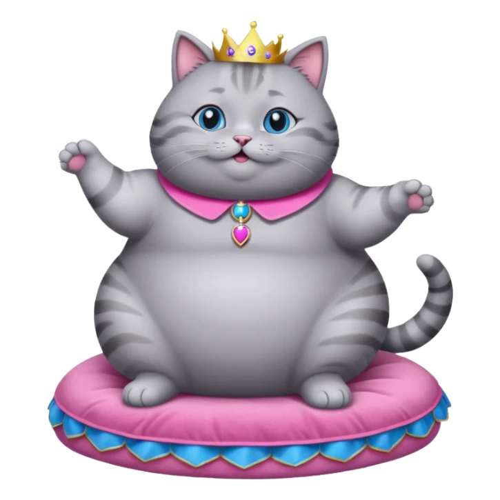 A fat grey cat with blue eyes and pink collor dancing on a cat princess bed sticker