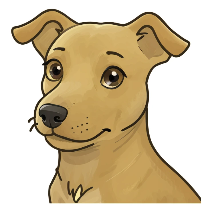 a golden dog is sitting on a red chair. Has a pony tail  sticker