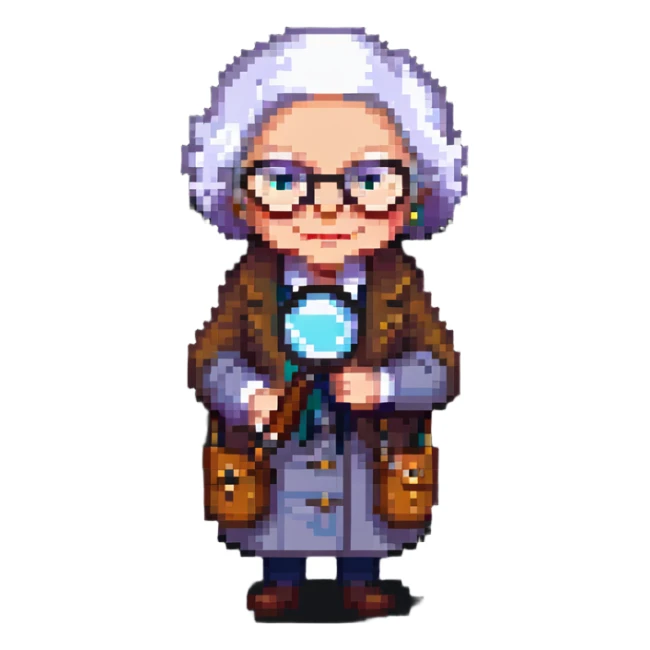 pixel art grandmother detective with a magnifying glass sticker