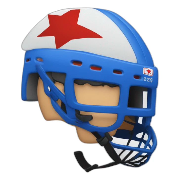 hockey player's head wearing blue helmet with red star sticker
