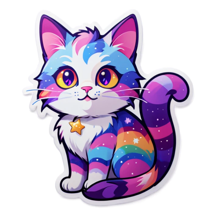 Rainbow cat with purple eyes with rainbow stars on its side sticker
