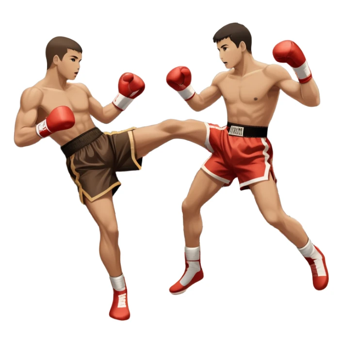 An icon symbolizing kickboxing, featuring two fighters in the ring. One throws a powerful high kick, while the other counters with a punch. The background shows a boxing ring with ropes and a crowd in the distance. Transparent background emphasizes the dynamic energy sticker
