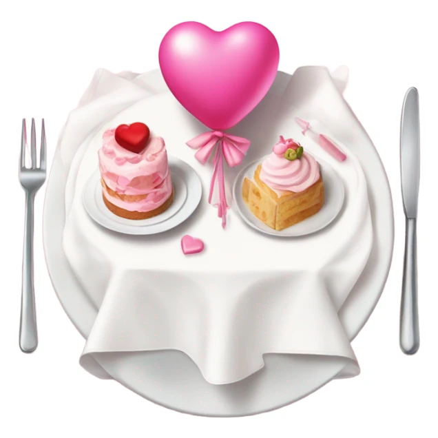 pink romantic party setting for two people and heart balloon  table with white cloth and candle with bows on the table and white Korean cake sticker