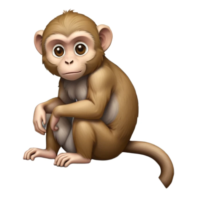 cinematic-elegant macaque-realistic-full-body-sitting-emoji,-compact-muscular-frame-poised-on-a-rocky-outcrop,-short-curled-tail-resting-behind,-head-tilted-dramatically,-thick-dense-fur-in-warm-shades-of-brown-and-grey,-expressive-eyes-filled-with sticker