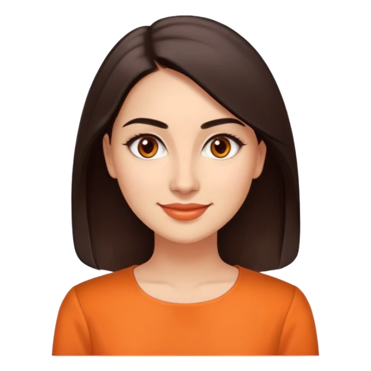 Young woman in her 30s with light skin, oval face, soft features, large dark brown eyes, medium eyebrows, small nose, friendly smile, long straight dark brown hair, wearing an orange elegant blouse sticker