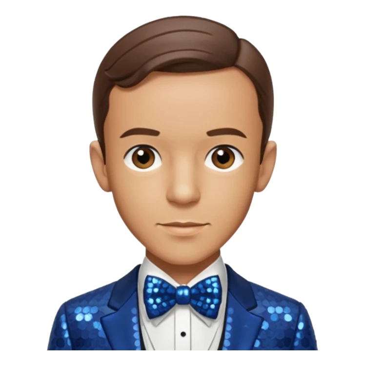 Fred Astaire with brown hair, dark blue sequin suit with bow tie sticker