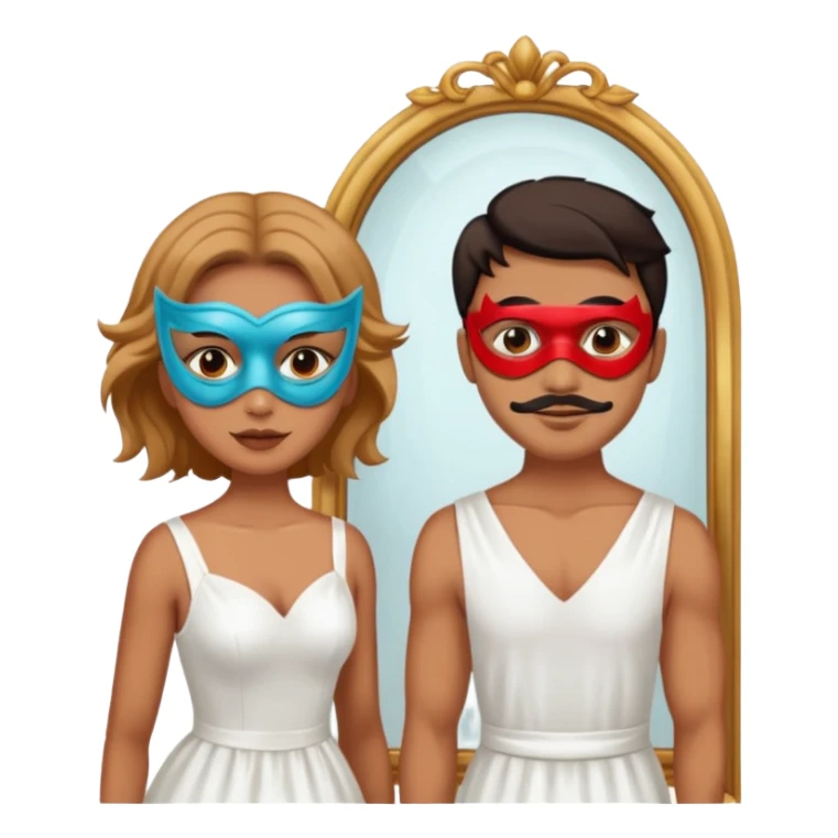 Man on mask in mirror behind woman sticker