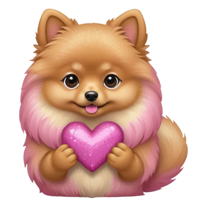 A Tan Pomeranian holding a pink glitter heart  sticker
