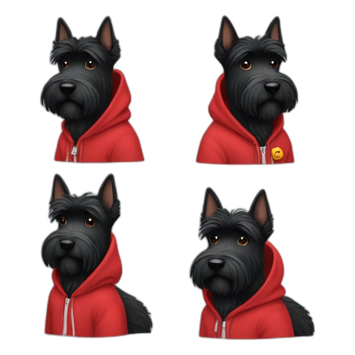 A fluffy black Scottish terrier dog wearing a red hoodie sticker