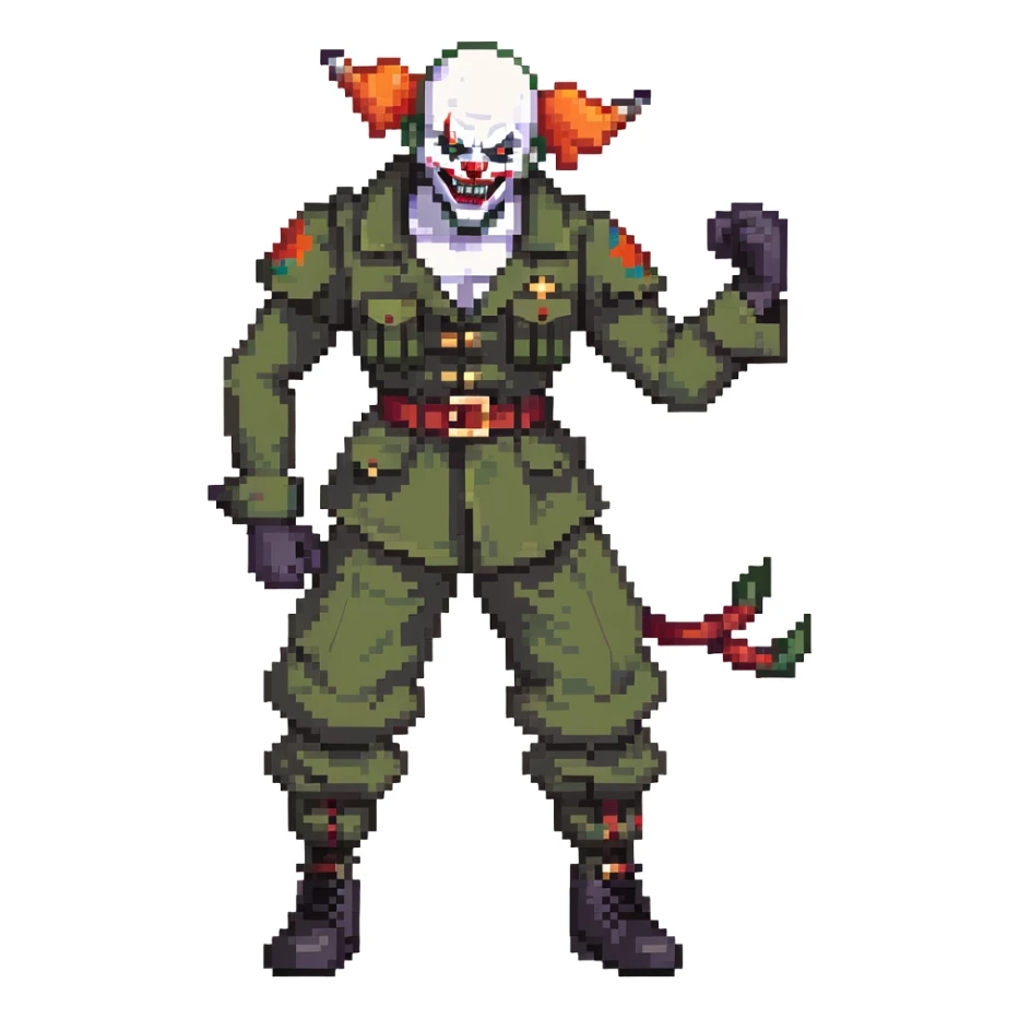 evil clown soldier, bald, short black devil horns on forehead, fangs, pointed ears, black and military green clothes with bellbottom pants, realistically proportioned, less bulky, full body, fighting stance sticker