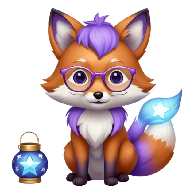 a small magical fox with shimmering purple and blue fur, a glowing fluffy tail, a silver star on its forehead, round glasses, and a tiny lantern. 😂 sticker