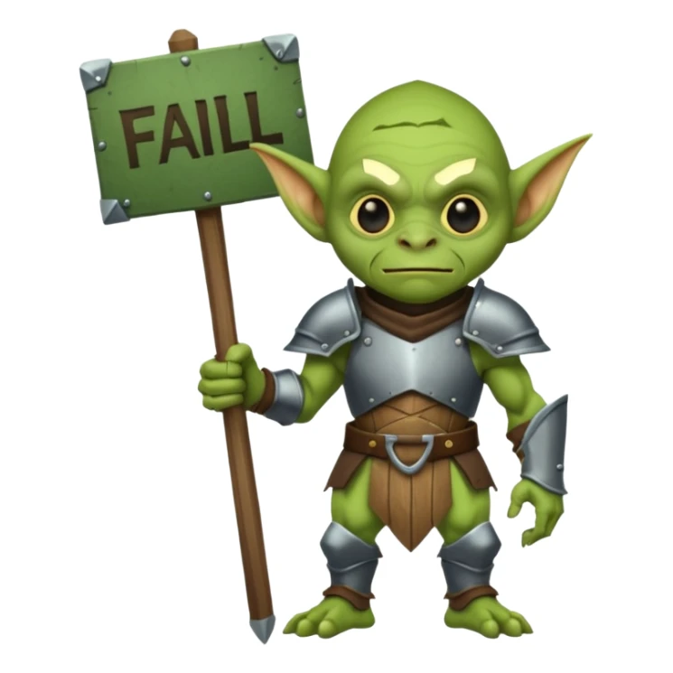 A glgreen colored goblin clad in armor holding a wooden sign that reads "Fail". sticker