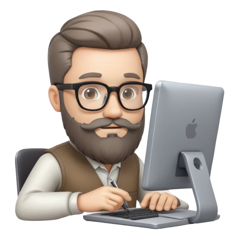 3d artist with beard sit on the PC with graphic tablet slight grey in beard. glasses are  sticker