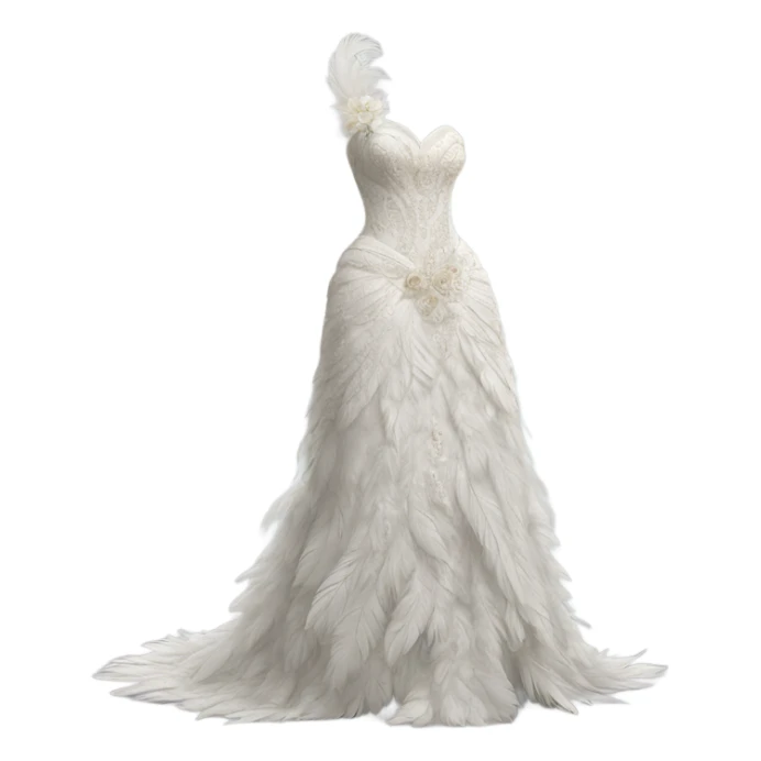 Hyper Realistic ornate Wedding dress displays  with feathers  sticker