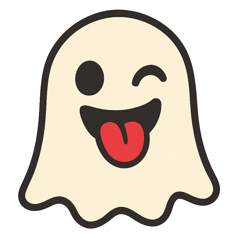cartoon ghost emoji, flat-toon style, playful expression, no background sticker